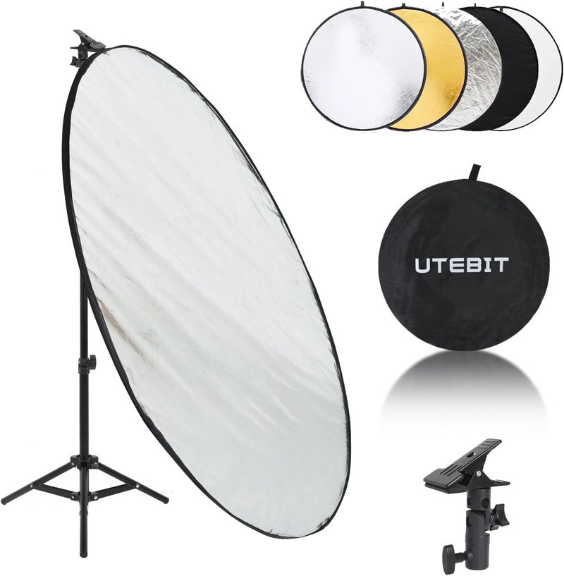 UTEBIT 43"/110cm Photography Reflector with Stand & Clamp, Collapsible Light Reflector with Bag 5 in 1 Multi Disc Translucent/Silver/Gold/White/Black Photography Reflector for Studio&Outdoor Lighting - Image 1